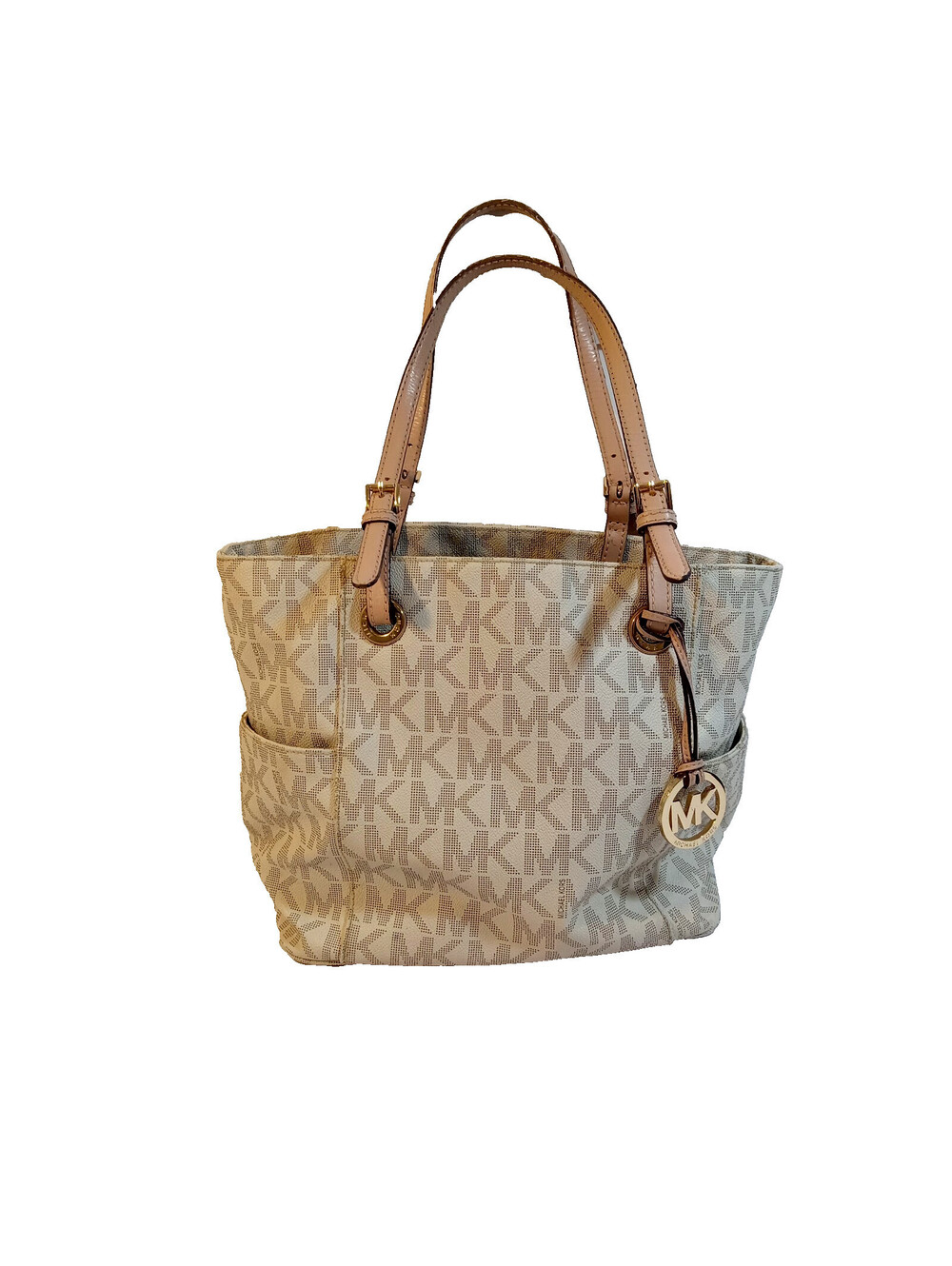 Michael Kors Jet Set Travel Tote Bag Ivory Tan Signature Logo Zip Double Straps